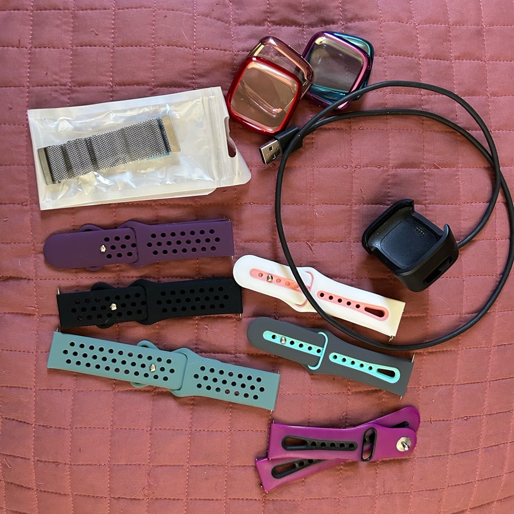 FitBit Versa 2 bands, screen protectors, and charger